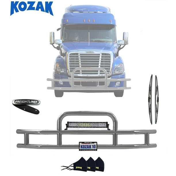 Freightliner Cascadia 2008-16 BLACK Grille Deer Brush Guard with built in 16 LED Bar Mounting Brackets License plate holder and frame Freightliner Logo and Windshield wipers